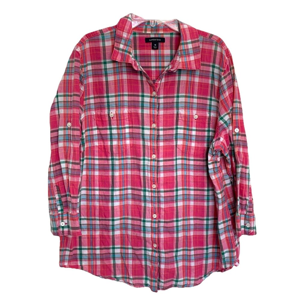 Lands' End Pink Green Plaid Women Top Blouse Shirt Size 16  Button Up Cotton